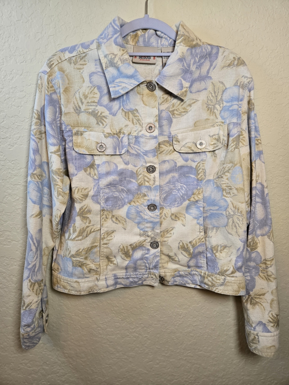 Vintage Bill Blass Floral Button-Front Linen/Cotton Jacket in Light Blue & Cream - Picture 1 of 13